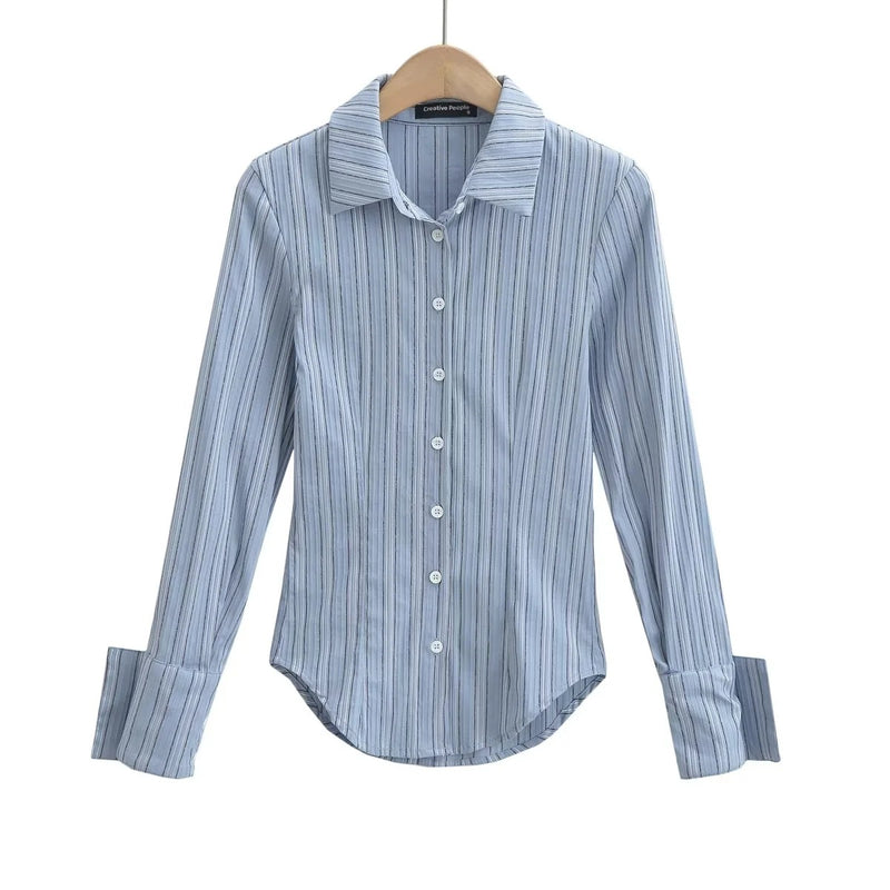 Jacquard Striped Slim Long-Sleeved Lapel Commuting Irregular Shirt Wholesale Women Tops