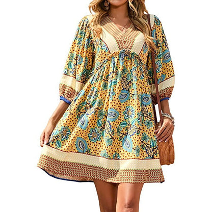 Printed V Neck Puff Sleeve Boho Dress Wholesale Bohemian Dress For Women