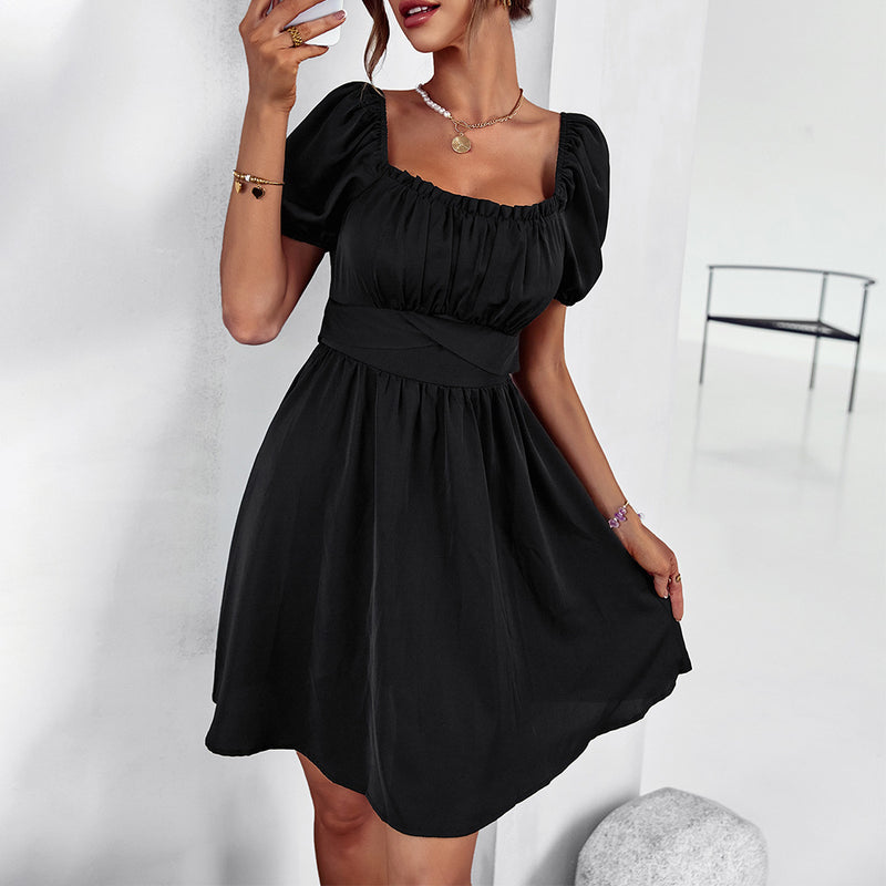 Solid Color Ruffled Puff Sleeve Square Neck Cutout Back Bowknot Swing Dress Casual Wholesale Dresses