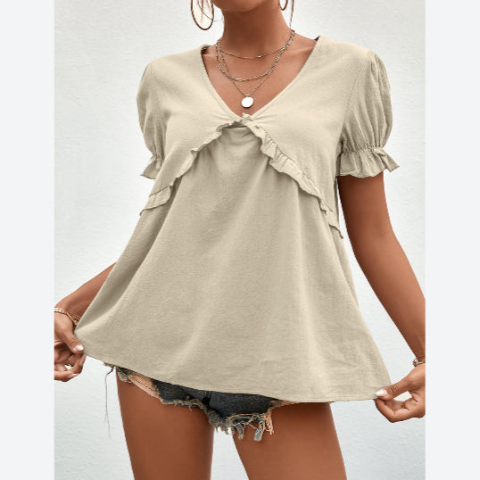 V-Neck Solid Color Short Puff Sleeve Loose Ruffled Womens Tops Casual Wholesale T Shirts