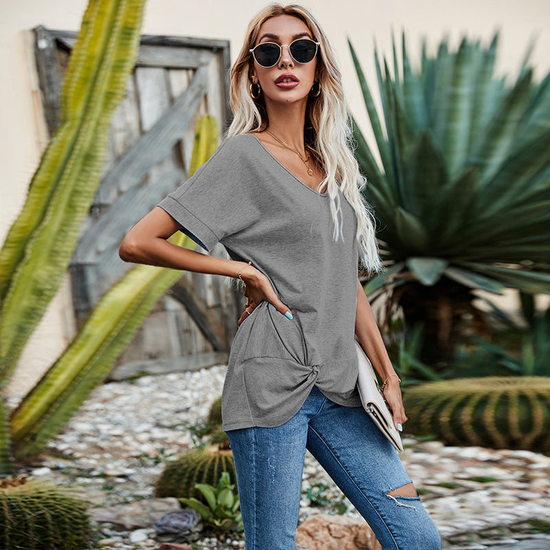 Short Sleeve V-Neck Grey Pullover Twist Hem Design Trendy Wholesale Tunics Tops Casual Womens T Shirts