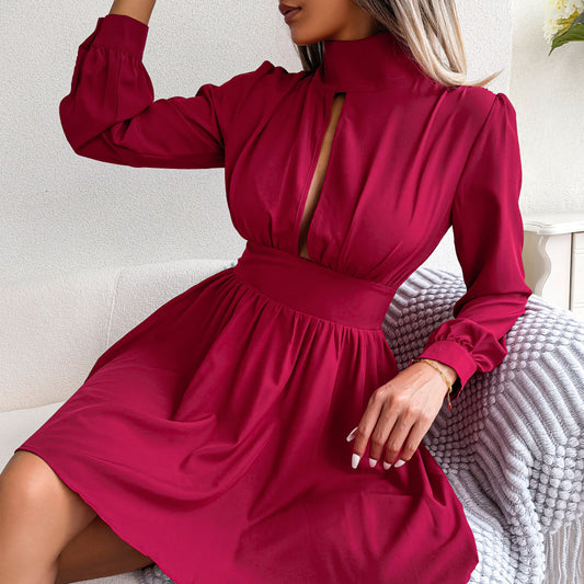 Chiffon Sexy Cutout A-Line Mini Dress High Waist Long Sleeve Wholesale Dresses