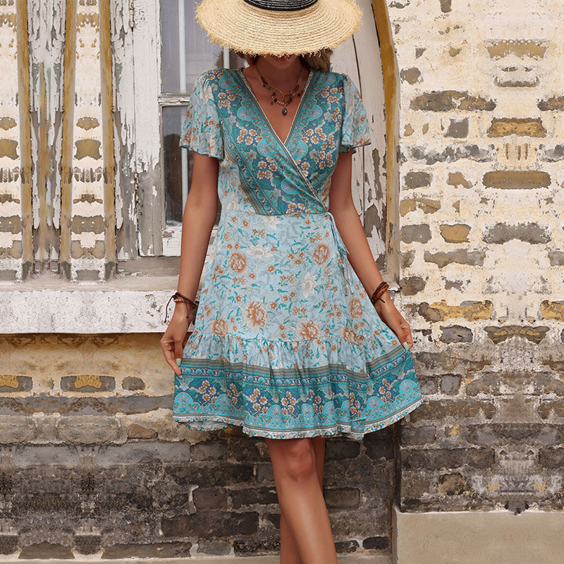 Vintage Print Short Sleeve V Neck Wholesale Swing Dresses