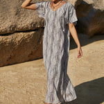 Women Fashion Striped Print Short Sleeve V Neck Wholesale Maxi Dresses Beach Dresses