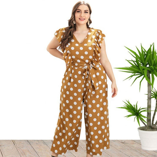 Retro Polka Dot Print Lace Up Curve Jumpsuits Wide-Leg Ruffles V Neck Wholesale Plus Size Clothing Casual