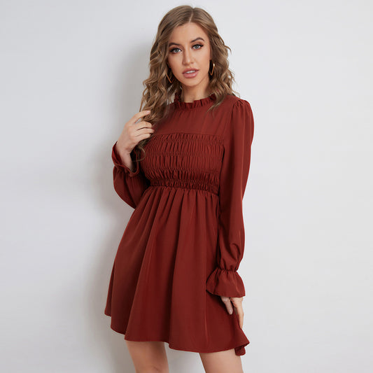 Plain Color Puff Sleeve Wholesale Pleated A Line Dresses