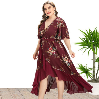 Flare Sleeve V-Neck Ruffles Irregular Hem Printed Elegant Maxi Curve Dresses Wholesale Plus Size Clothing