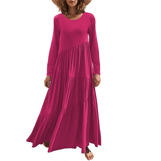 Long Sleeve Round Neck Asymmetric Smocked Dress Wholesale Maxi Dresses