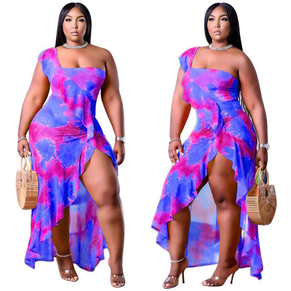 One Shoulder Printed Ruffle Curvy Maxi Dresses Wholesale Plus Size Clothing