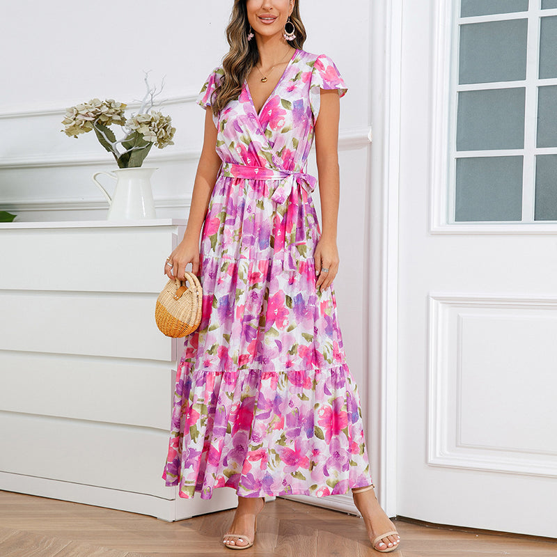 V-Neck Ruffle Short Sleeve Tie-Up Floral Print Smocked Dress Wholesale Maxi Dresses