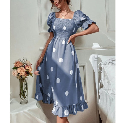 Polka Dot Print Square Neck Puff Sleeve Ruffle Midi Dress Wholesale Dresses