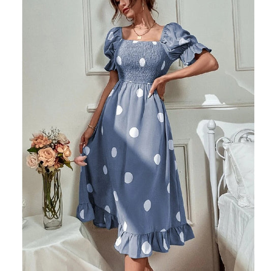 Polka Dot Print Square Neck Puff Sleeve Ruffle Midi Dress Wholesale Dresses