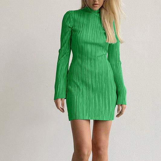 Fashion High-Neck Dress Long Sleeve Solid Color Bodycon Wholesale Dresses