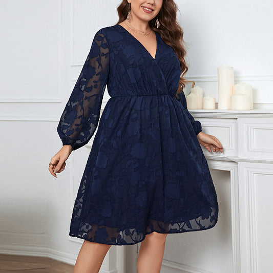 Long Sleeve V Neck Curvy A-Line Dresses Wholesale Plus Size Clothing