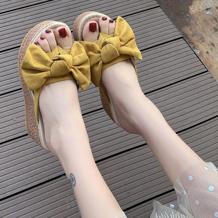 Fashion Casual Wedge Bow Slippers Solid Color Women Wholesale Shoes