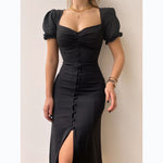 Sexy V-Neck Single Breasted Slit Midi Dress Solid Color Wholesale Dresses