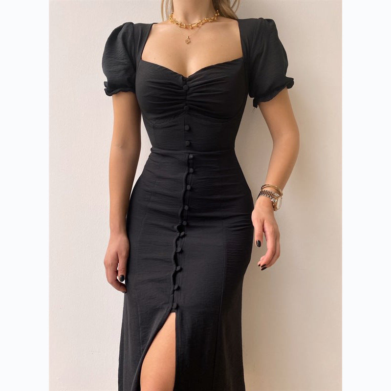 Sexy V-Neck Single Breasted Slit Midi Dress Solid Color Wholesale Dresses