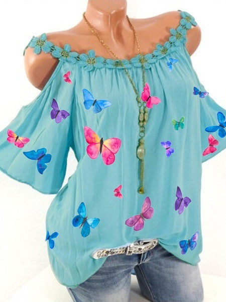 Butterfly Print Strap Lace Collar Wholesale T Shirts Loose Off Shoulder Womens Tops