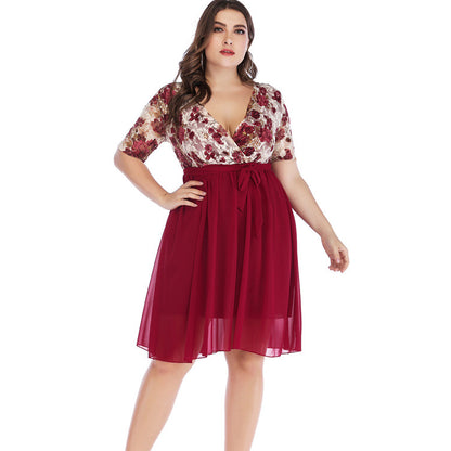 Chiffon Sexy Deep V Print A-Line Dress Lace-Up Short Sleeve Dresses Wholesale Plus Size Clothing