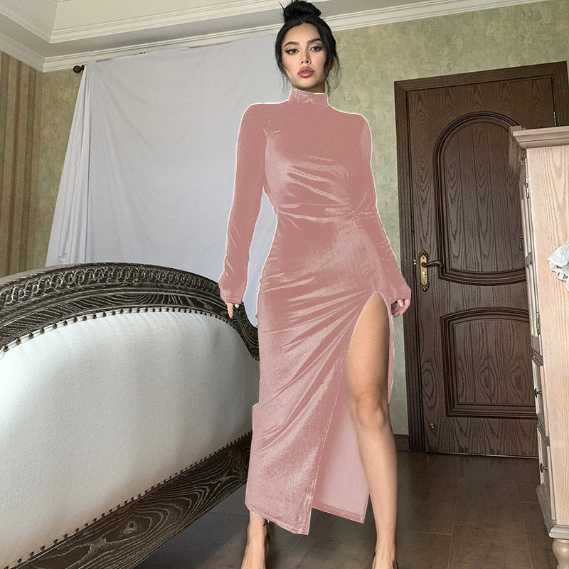 High Neck Slim Pleated High Slit Solid Color Midi Dress Wholesale Dresses