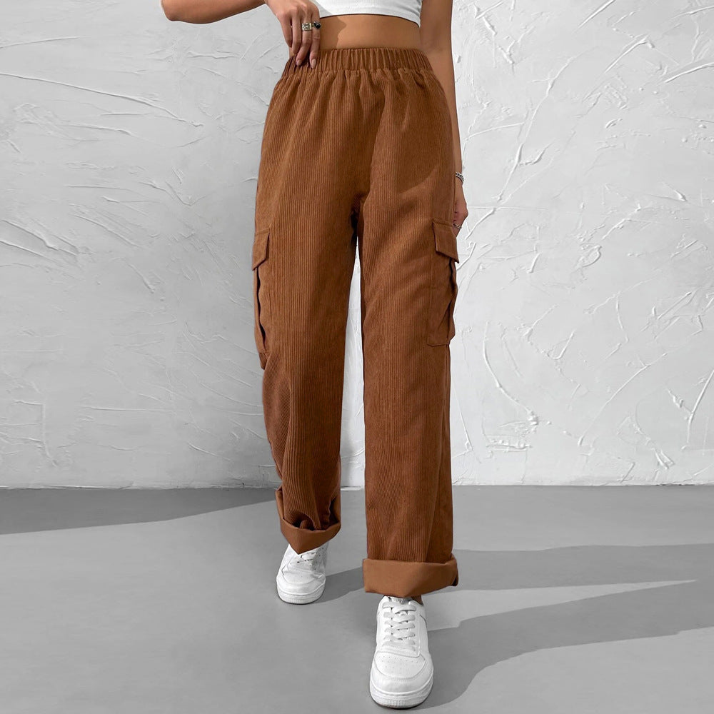 Loose Elastic Waist Casual Corduroy Wide Leg Trousers Wholesale Pants