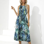 Trendy Ethnic Style Printed Sleeveless Lace-Up Waist Midi Swing Dress Casual Wholesale Dresses