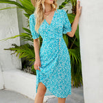 V-Neck Temperament Lantern Sleeve Asymmetric Floral Dress Wholesale Dresses