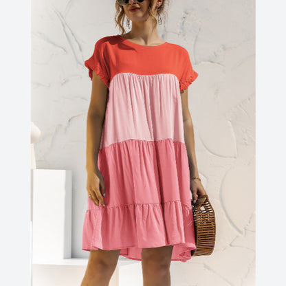 Round Neck Colorblock Ruffles Short Sleeve Loose Smocked Dresses Casual T Shirt Dress Wholesale