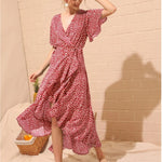 Polka Dot Print V-Neck Irregular Slit Vacation Lace-Up Chiffon Ruffle Dress Sexy Wholesale Dresses