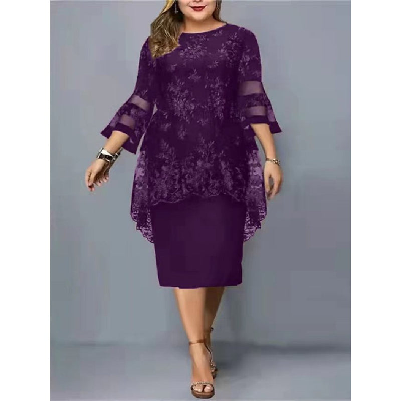 Solid Color Embroidered Lace Elegant Curvy Pencil Dresses Wholesale Plus Size Clothing