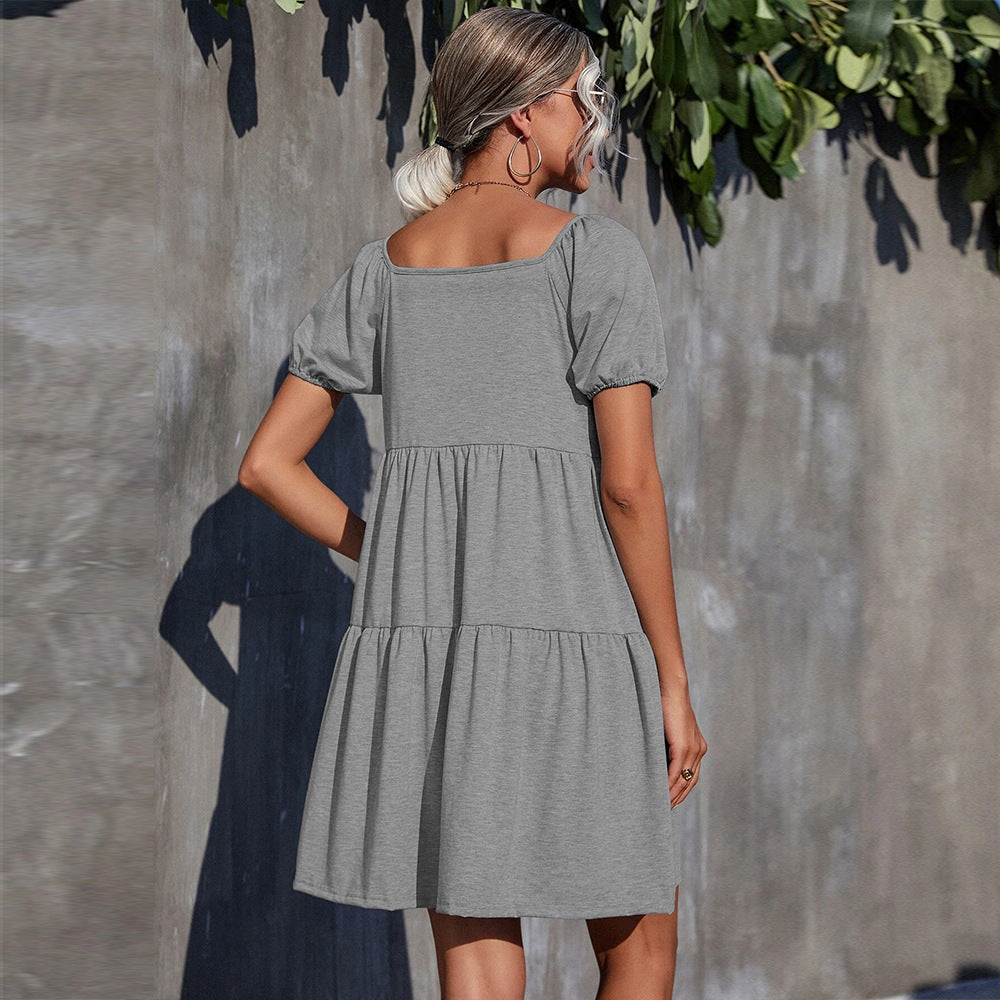 Solid Color Puff Sleeve Square Neck Wholesale Swing Dresses