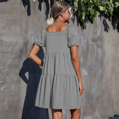 Solid Color Puff Sleeve Square Neck Wholesale Swing Dresses