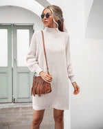 Knitted Raglan Sleeve Half Turtleneck Loose Solid Color Mid-Length Sweater Dress Wholesale Dresses