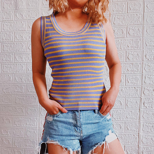 Casual Striped Sleeveless Knit Tops Slim Round Neck Summer Tank Tops Wholesale