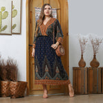 Wholesale Plus Size Women'S Clothing Printed Peacock Pullover Loose V Neck Bohemian Maxi Dress