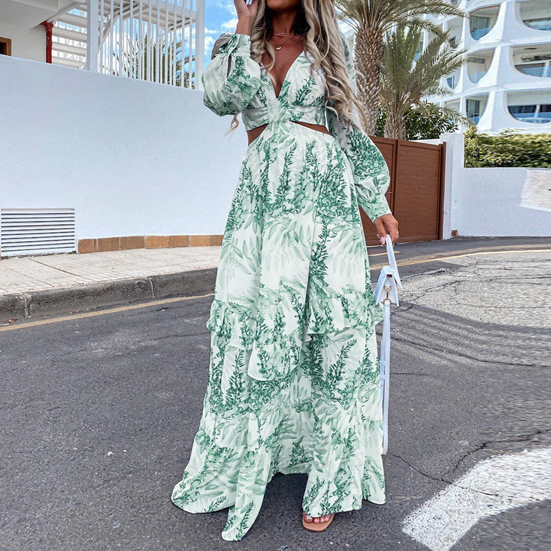 V-Neck Printed Lantern Sleeve Cutout Sexy Vacation Ruffled Dress Beach Wholesale Maxi Dresses SD531091