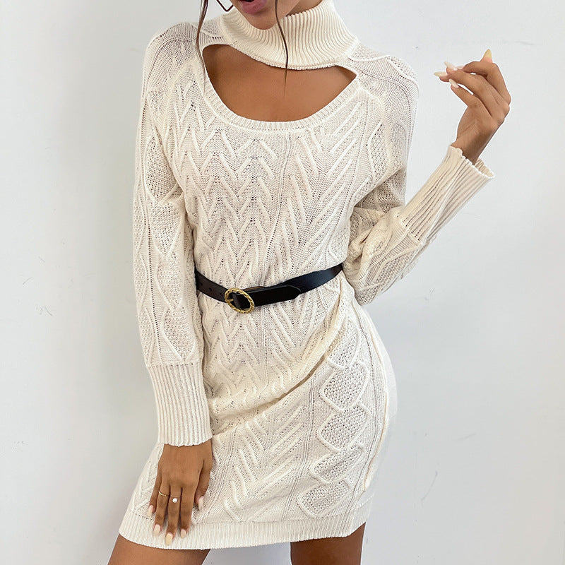 Fashion High Collar Hollow Twist Sweater Knitted Dress Wholesale Jersey Dresses