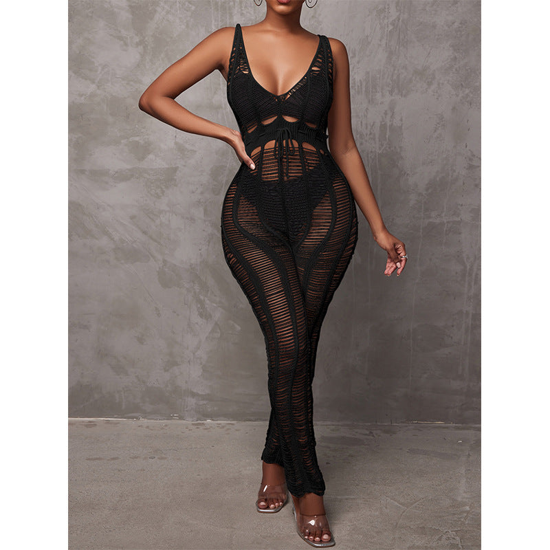 Hollow Out Deep V Halter Jumpsuit Backless Straps Sleeveless Wholesale Sexy Womens Clothing