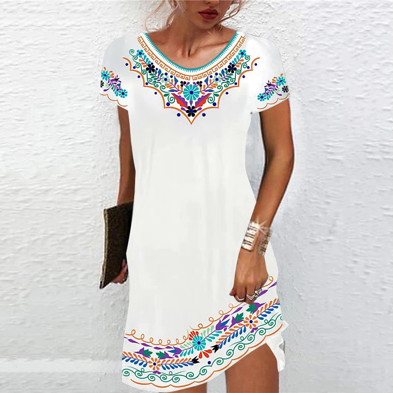 Casual Ethnic Style Print Dress Crew Neck Short Sleeve Wholesale Dresses