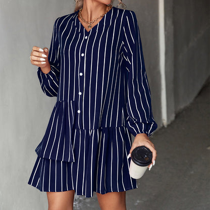 Striped Long Sleeve Irregular Ruffled Dress Wholesale Dresses