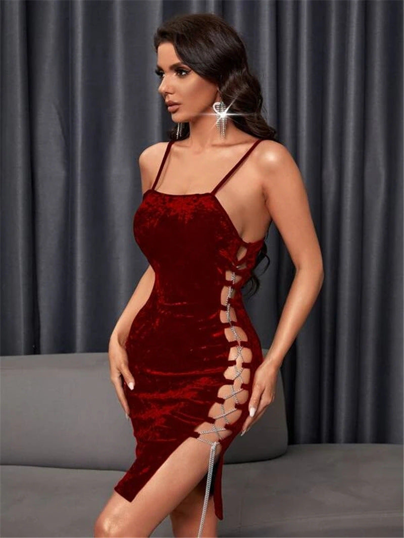 Solid Color Velvet Side Chain Tie Skinny Slip Bodycon Dress Sexy Womens Clothes Wholesale Dresses SD531302