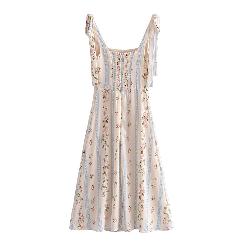 Country Style Floral Print Vintage Sundresses Lace-Up Slim Fit Side Slit Sling Dress Chic Wholesale Dresses