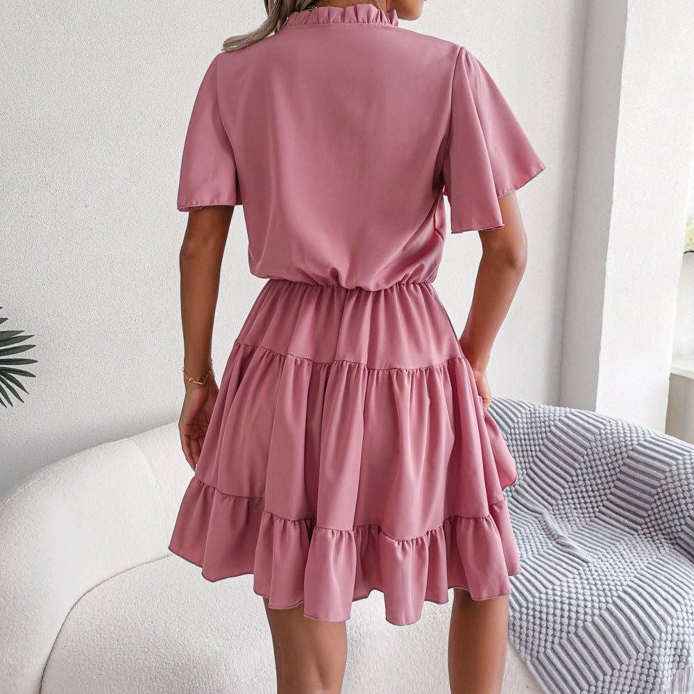 Lotus Leaf Lace-Up Solid Color Smocked Dress Wholesale Dresses