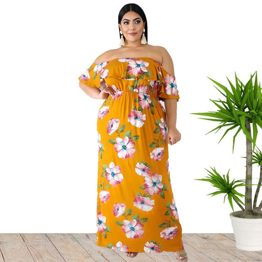 Floral Printed Off Shoulder Fashion Curve Maxi Dresses Vacation Dress Wholesale Plus Size Clothing