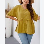 Solid Color Puff Sleeve V Neck Button Down Wholesale Plus Size Tops for Summer