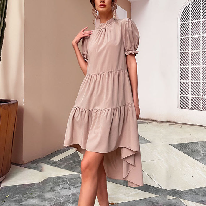 Plain Color Bubble Sleeve Asymmetrical Wholesale High Low Dresses