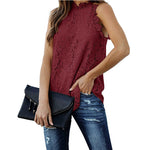Sexy Lace Cutout Shirt Casual Crew Neck Solid Color Summer Tank Tops Wholesale