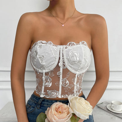 Lace Mesh Rose Strapless Corsets Wholesale Womens Tops