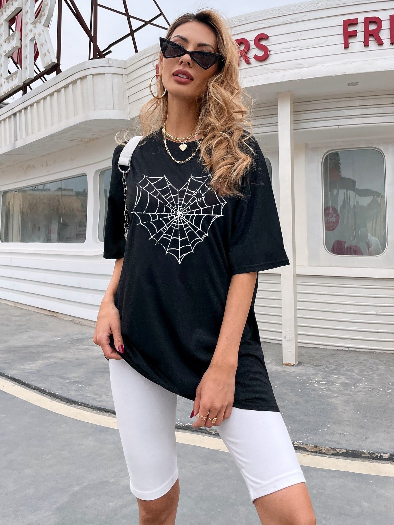 Fashion Spider Web Print Tops Loose Short Sleeve Womens T Shirts Wholesale