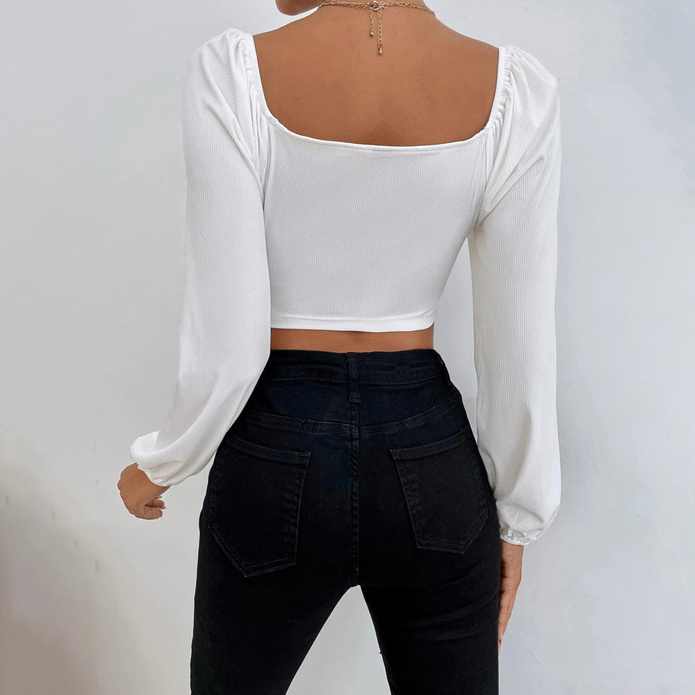 Sexy Slim Pleats Puff Sleeves Solid Color T-Shirt Wholesale Crop Tops